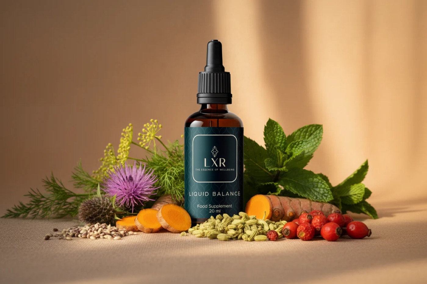 LXR Liquid Balance bottle surrounded by milk thistle, turmeric, peppermint, fennel and rosehip